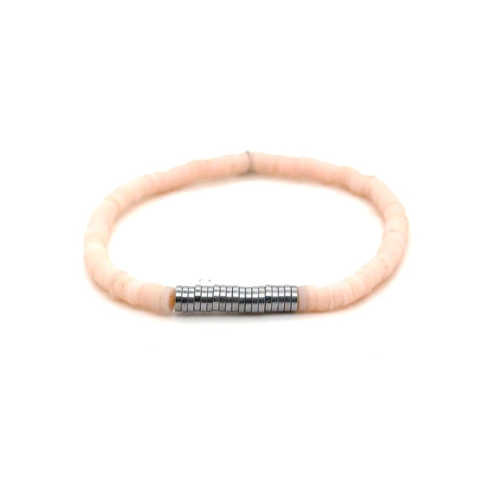 Pura Vida Peach Heishi Bead Stretch Bracelet Silver Tone Accents Logo Charm